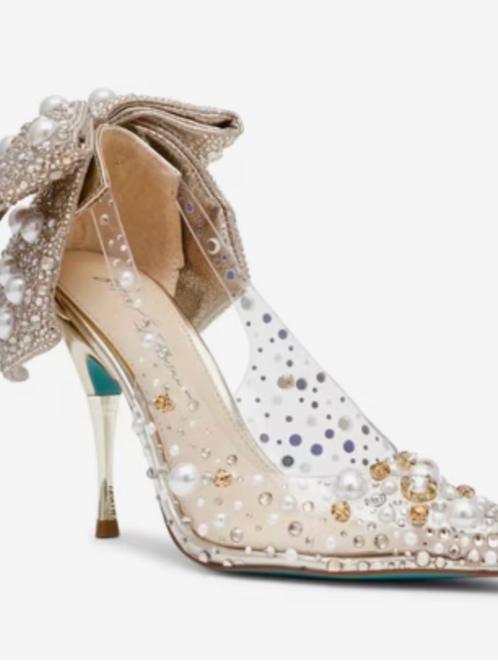 Betsey Johnson Champagne Pearl & Crystal Clear Pump with Gold Heel